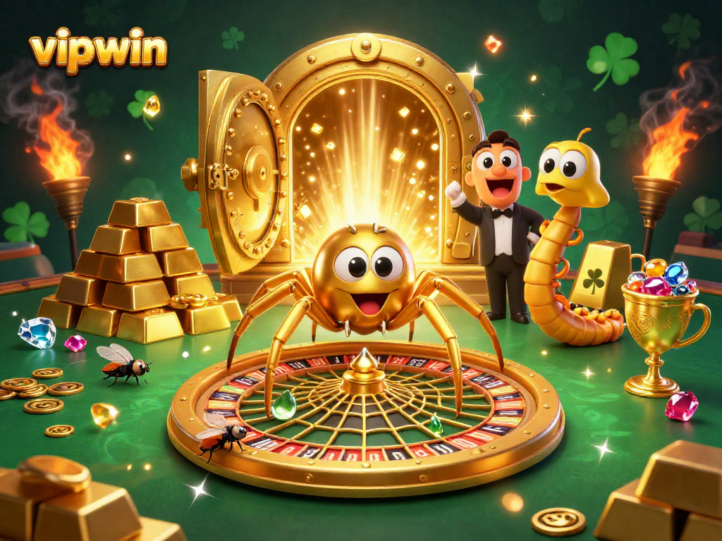 Place bets at vipwin as a fly nervously engages with a golden spider in a thrilling casino scene.