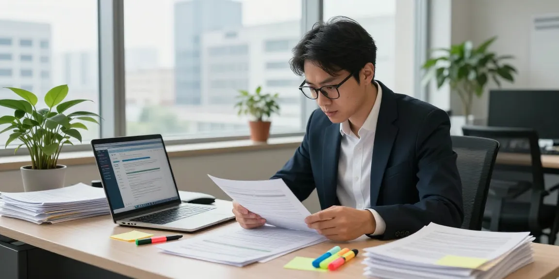 Business professional conducting document fraud detection analysis with reports and laptop in modern office.