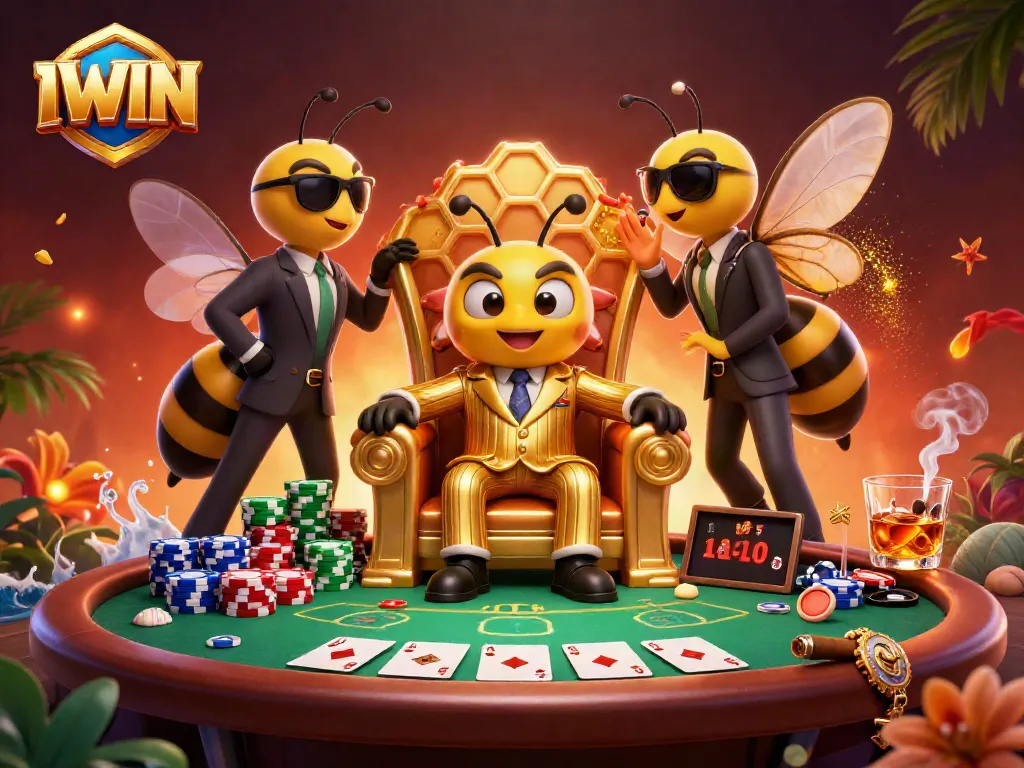 IWIN's thrilling casino scene, featuring a bumblebee mob boss and poker elements in a dynamic showdown
