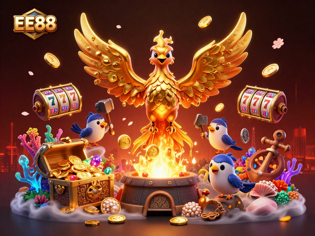 Experience thrilling wins at EE88 with a dynamic scene of a golden phoenix and slots!
