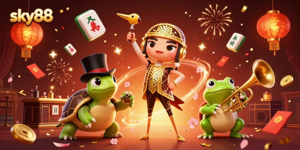 Engage in thrilling games at sky88 Casino, featuring vibrant characters and festive decorations.