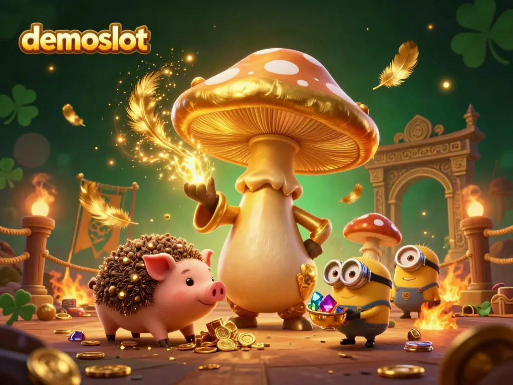 Experience the magic of demoslot with a golden mushroom wizard and treasure hunting pig in a vibrant casino scene.