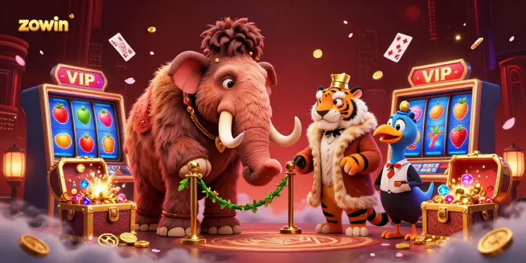 Zowin casino scene featuring a mammoth bouncer checking IDs with vibrant slot reels and treasure chests.