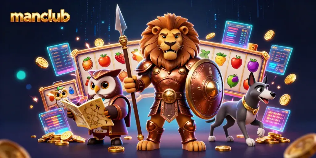 Experience the excitement of manclub as the Spartan lion alongside an owl and greyhound celebrates casino gameplay.