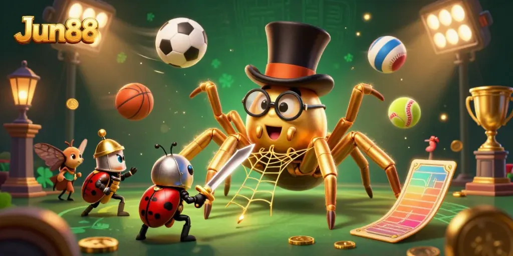 Experience thrilling gameplay with Jun88's dynamic casino scene, featuring a golden tarantula and beetle knight.