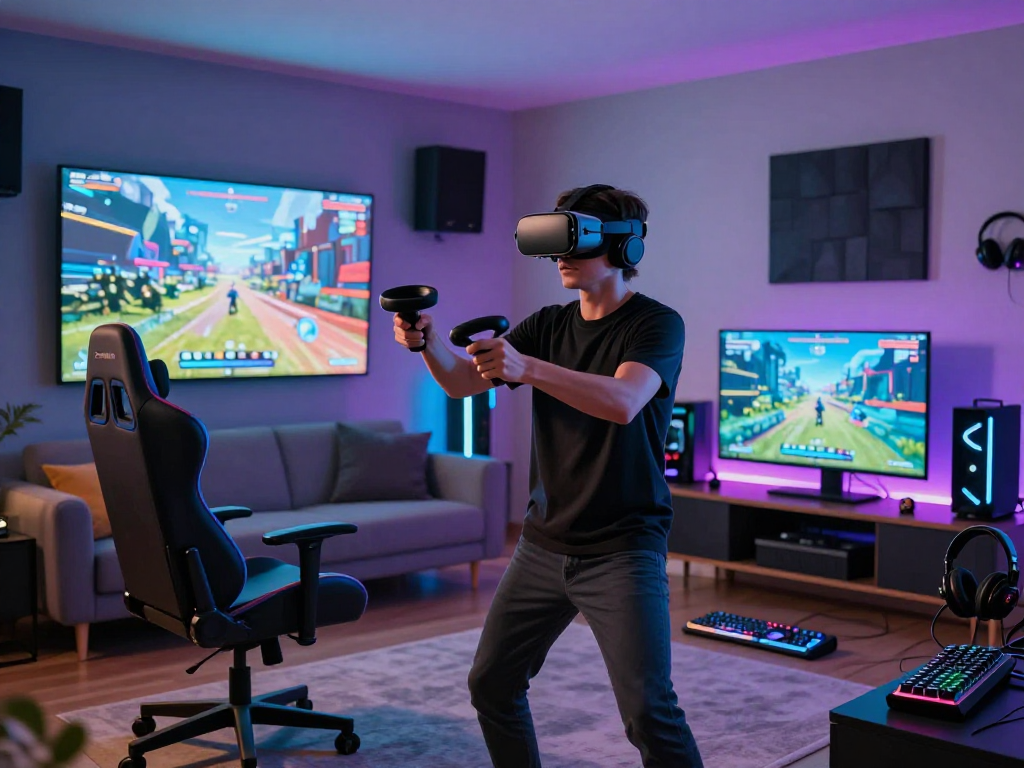 AI roleplay gaming scene with a player immersed in a virtual reality experience showcasing futuristic elements.