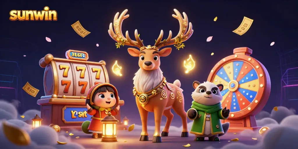 Experience the vibrant energy of sunwin's online casino with dynamic slot reels, creative characters, and rich visual elements.
