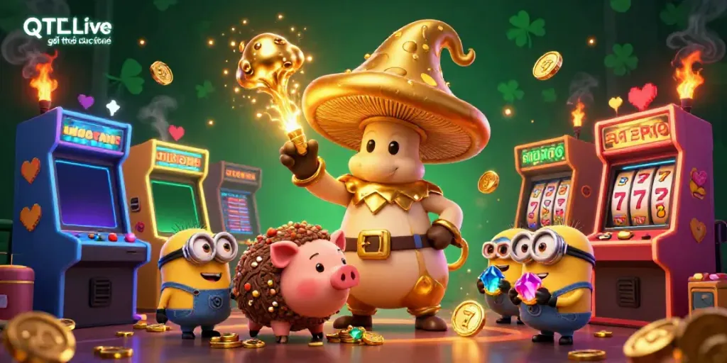 Experience the excitement of QQLive giải trí trực tuyến with lively gaming characters in a vibrant casino-themed scene.