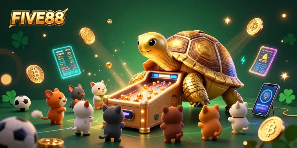 Experience FUN betting with FIVE88 featuring a gold tortoise pinball machine amidst vibrant gaming elements.