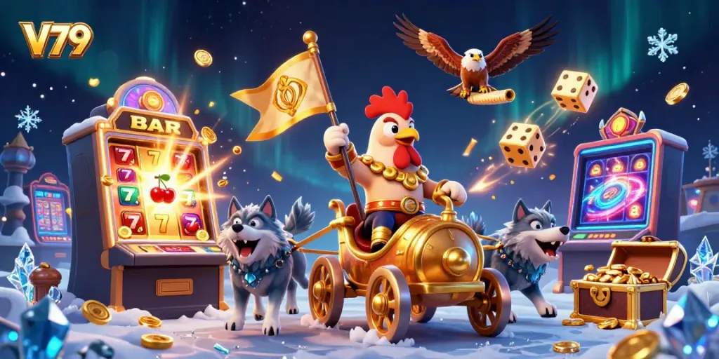Experience the thrill of V79 with a lively casino scene featuring colorful elements and a commanding rooster warlord.
