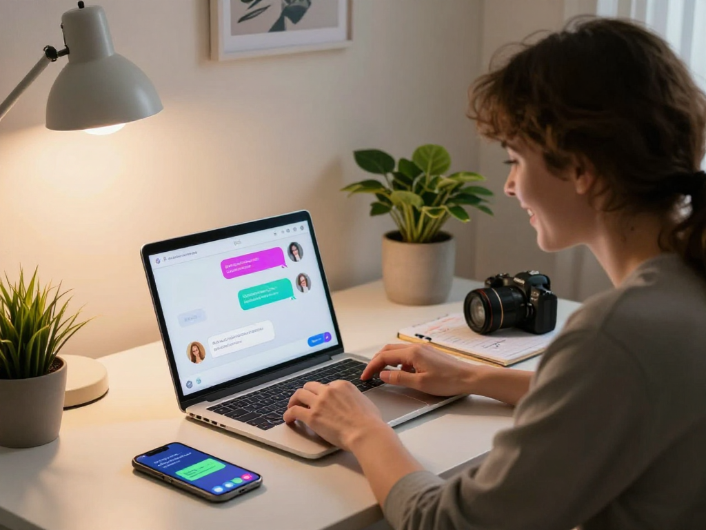 A person enjoying engaging ai sex chat on a laptop, surrounded by a cozy home office setting.
