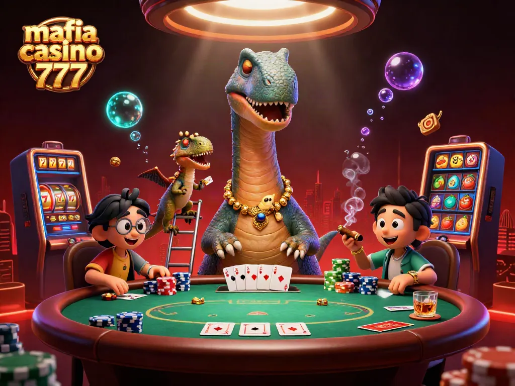 Experience the thrill of mafia casino 777 with towering dinosaurs and engaging poker scenes.