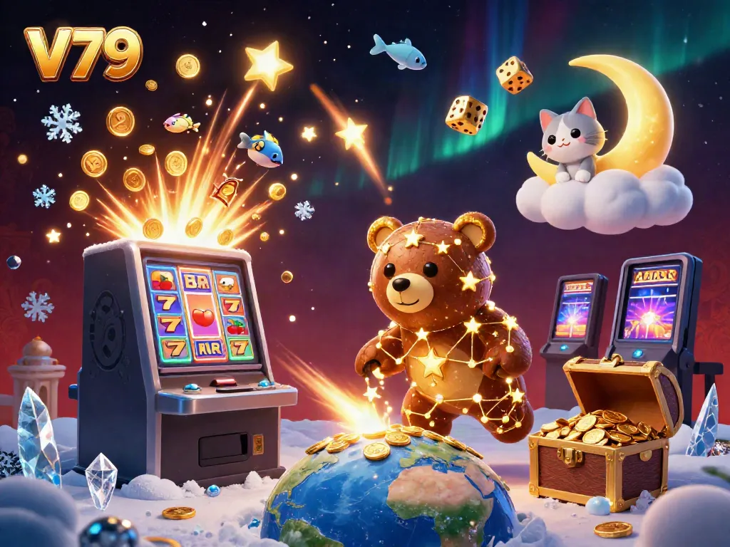 V79 players winning coins from a vibrant slot machine in an enchanting casino scene