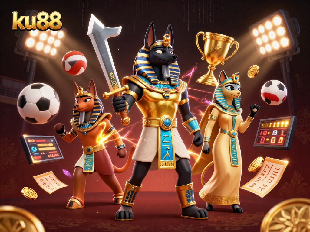 ku88 showcases a lively betting atmosphere with Anubis and Bastet amidst dynamic sports elements.